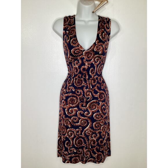 Tory Burch Rust Navy Print Silk Jersey Sleeveless Fitted Dress Zipper S - Picture 5 of 7